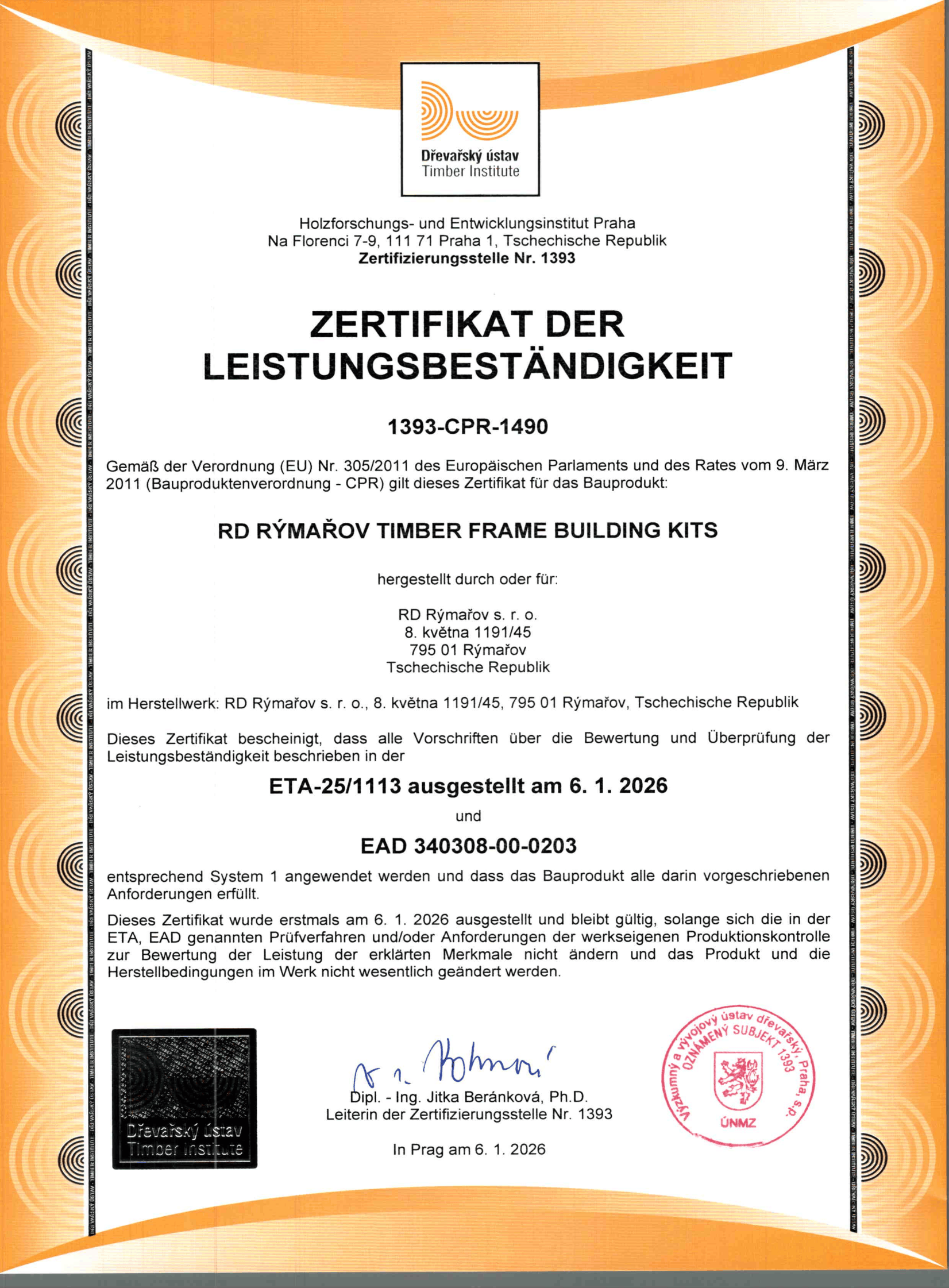 ZERTIFIKAT DER LEISTUNGSBESTÄNDIGKEIT ZERTIFIKAT DER LEISTUNGSBESTÄNDIGKEIT